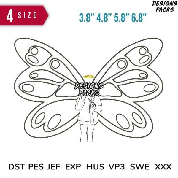 Butterfly wing embroidery design in 4 sizes, compatible with DST PES JEF formats for instant download.