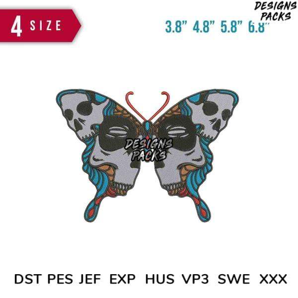 Skull butterfly embroidery design in 4 sizes, DST PES JEF formats for instant download