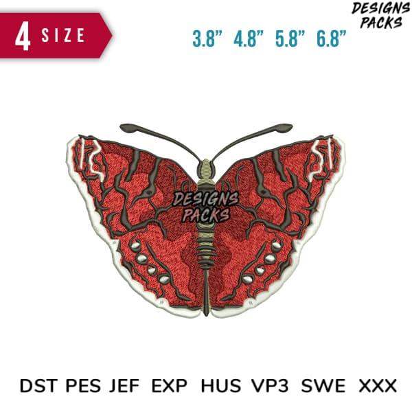 Red butterfly embroidery design in 4 sizes, compatible with DST PES JEF formats for machine embroidery projects.