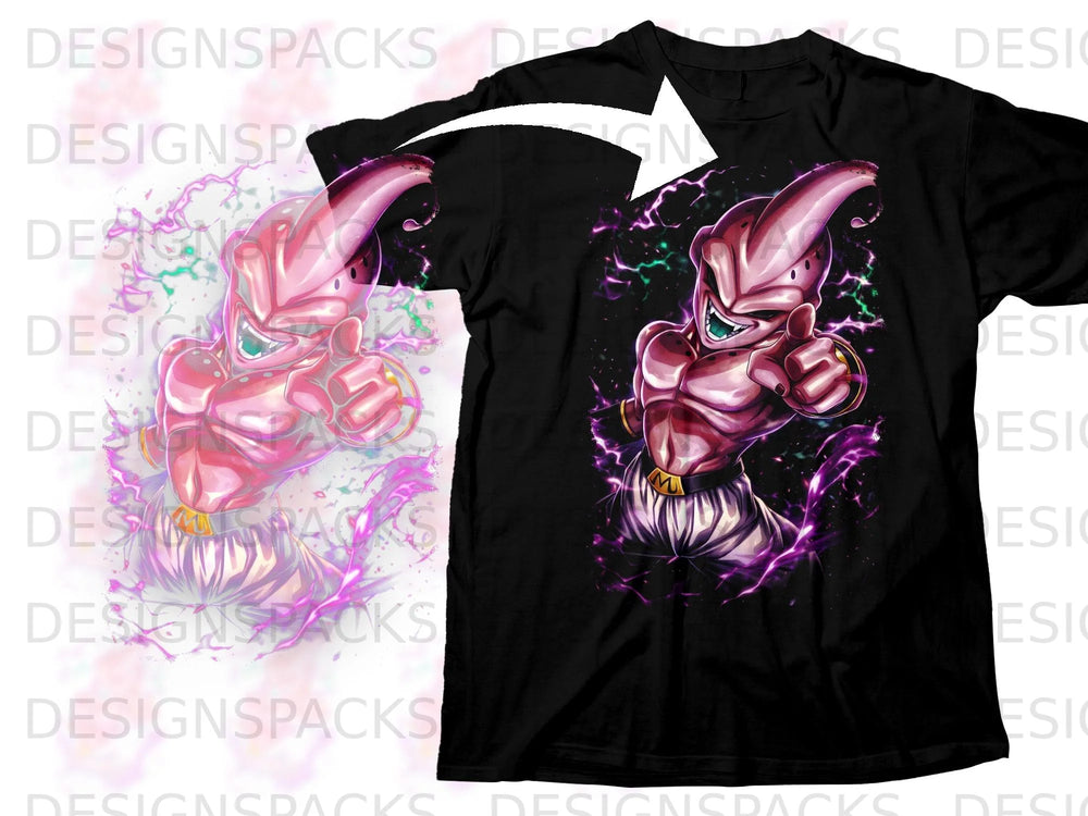 Majin Buu character with purple lightning on a black t-shirt.