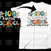 Buzz Lightyear graphic with "100 Days of School" text on a white t-shirt.