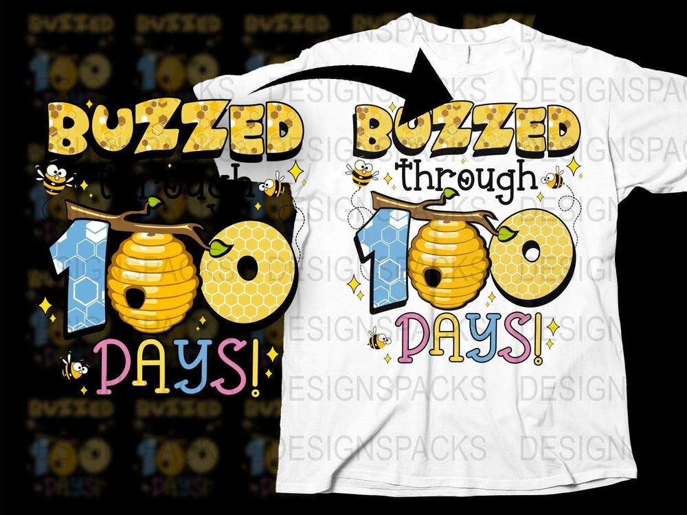 Buzzed Through 100 Days T-Shirt, Bee and Honeycomb Graphic, Teacher School Celebration Tee, Fun Educator Gift Idea
