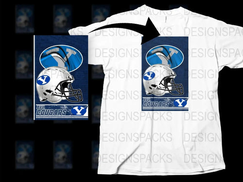 BYU Cougars Football Helmet Graphic T-Shirt, College Sports Fan Apparel, White Blue