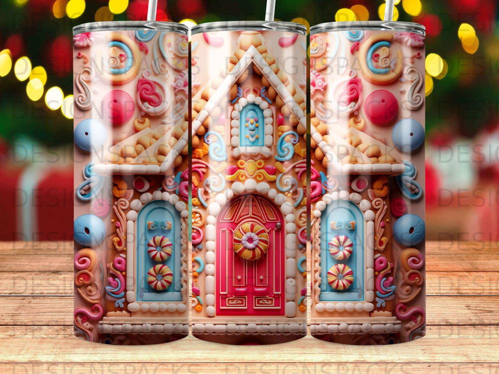 Gingerbread house tumbler with colorful icing and candy decorations.