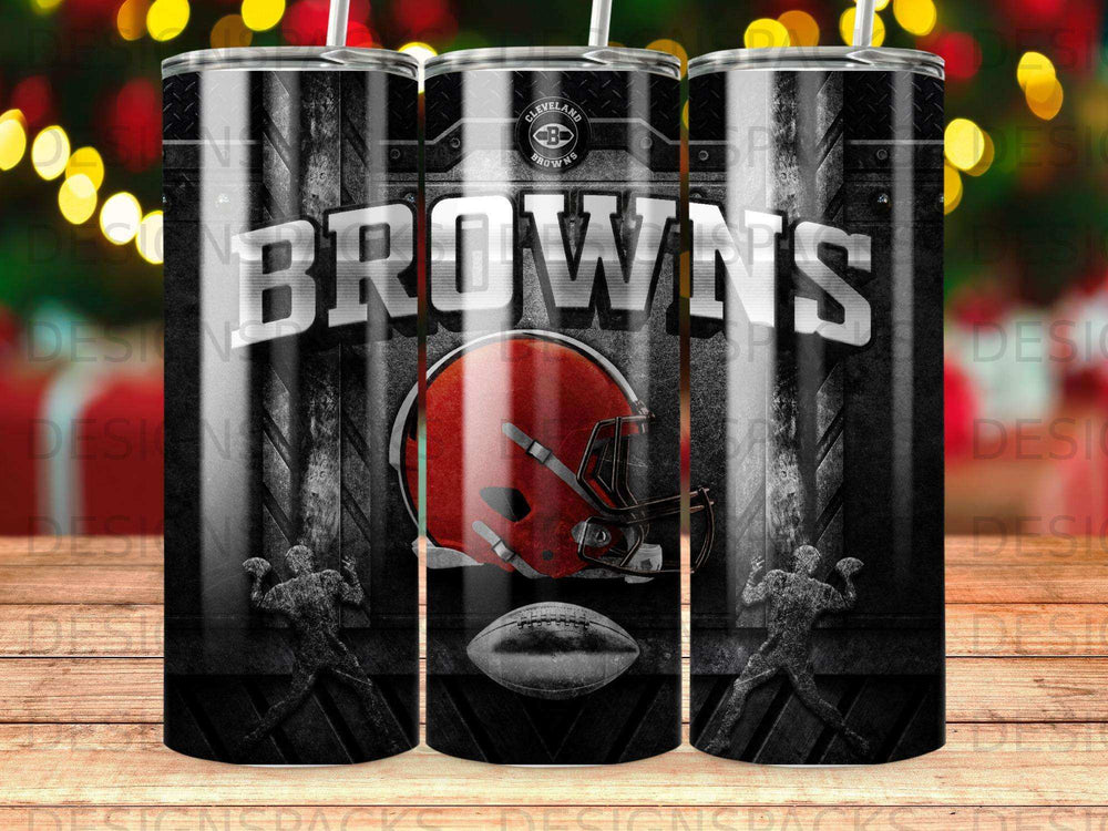 Cleveland Browns helmet and football on a black wood grain tumbler.