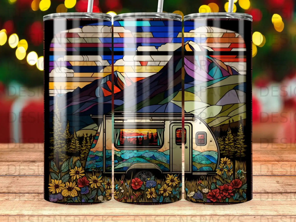 Camper van parked in a field of flowers with mountains and stained-glass sky.