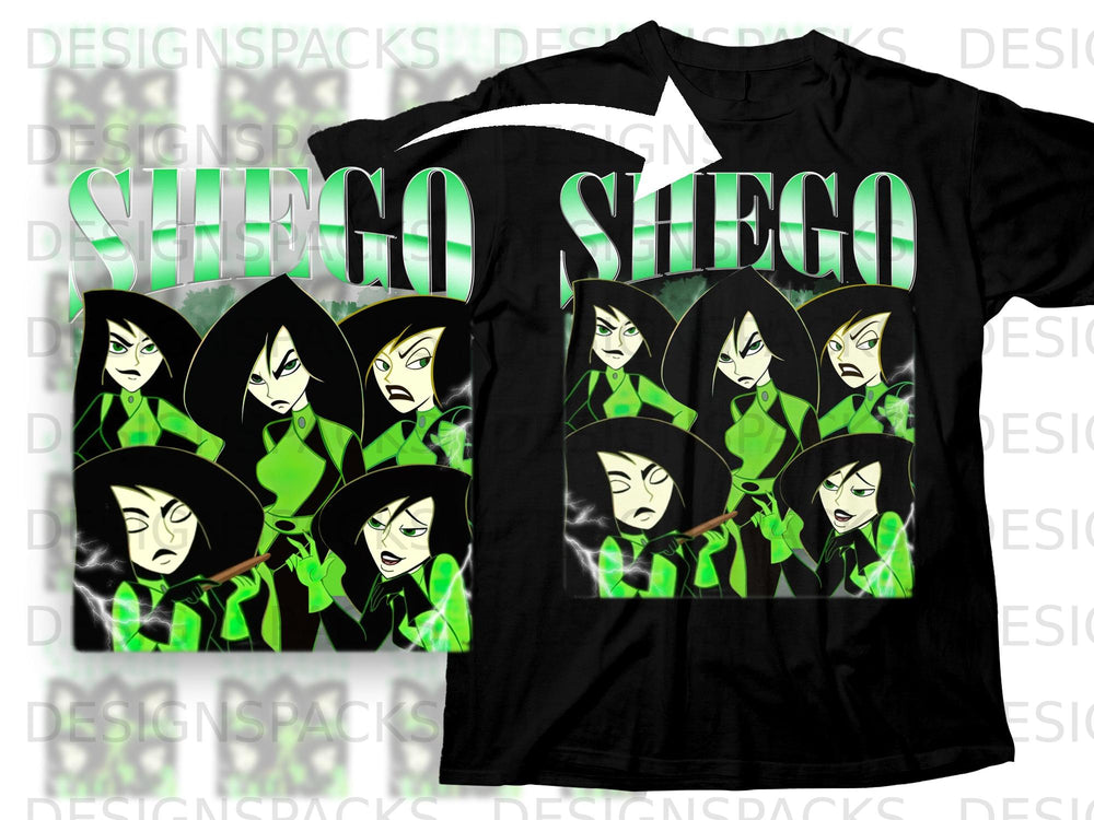 Black t-shirt with "SHEGO" text and cartoon characters in green and black.