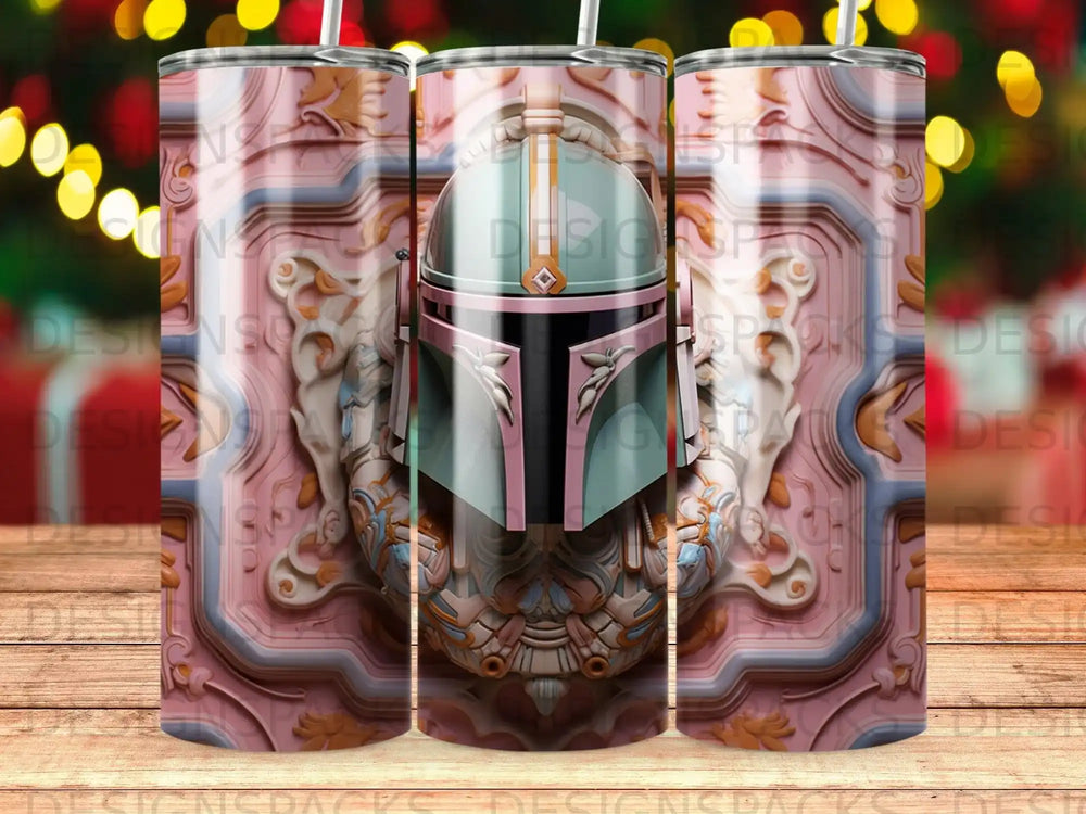 Boba Fett helmet on pink ornate background, Star Wars tumbler design.