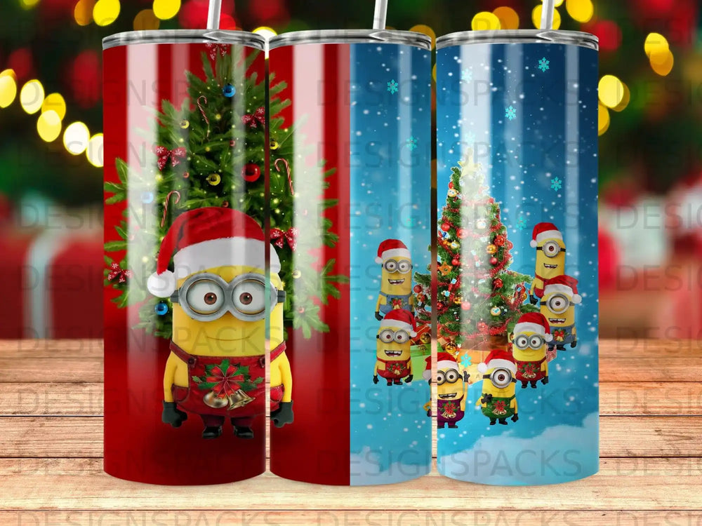 Minions in Santa hats with Christmas trees on red, blue, and striped tumblers.