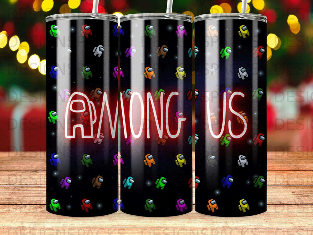 Among Us characters and logo on a black tumbler with bokeh lights background.
