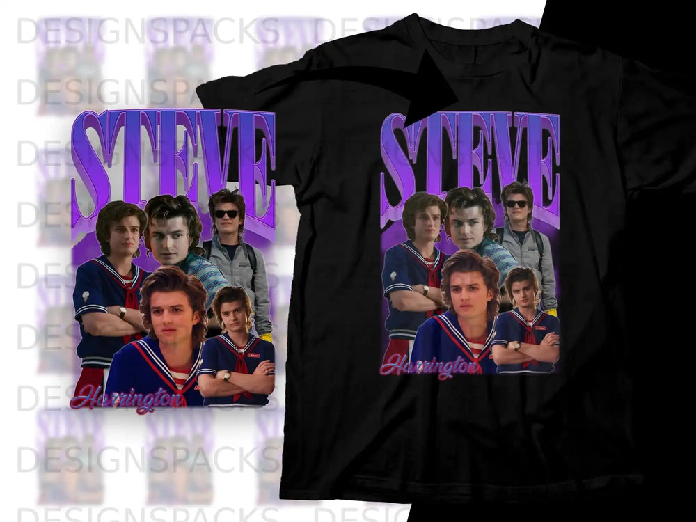 Black t-shirt featuring Steve Harrington from Stranger Things.