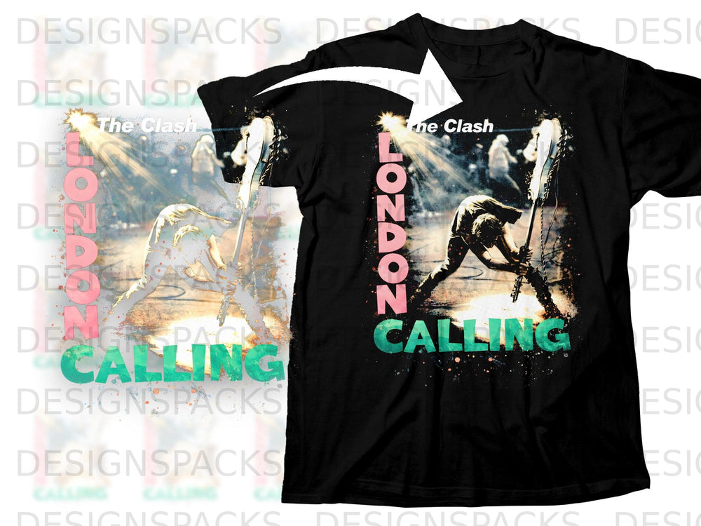 Black t-shirt with The Clash London Calling album art graphic.