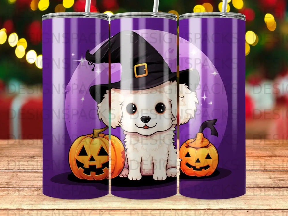 Cartoon dog in witch hat with pumpkins, Halloween theme.