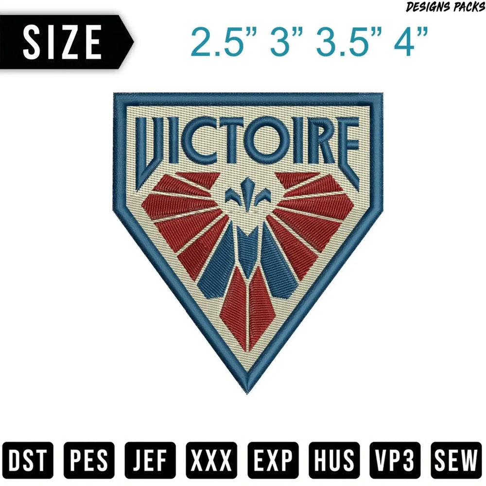 Embroidered patch with "VICTOIRE" text and red-blue bird design.