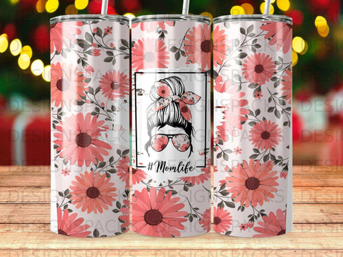Pink floral tumbler with messy bun and sunglasses, 