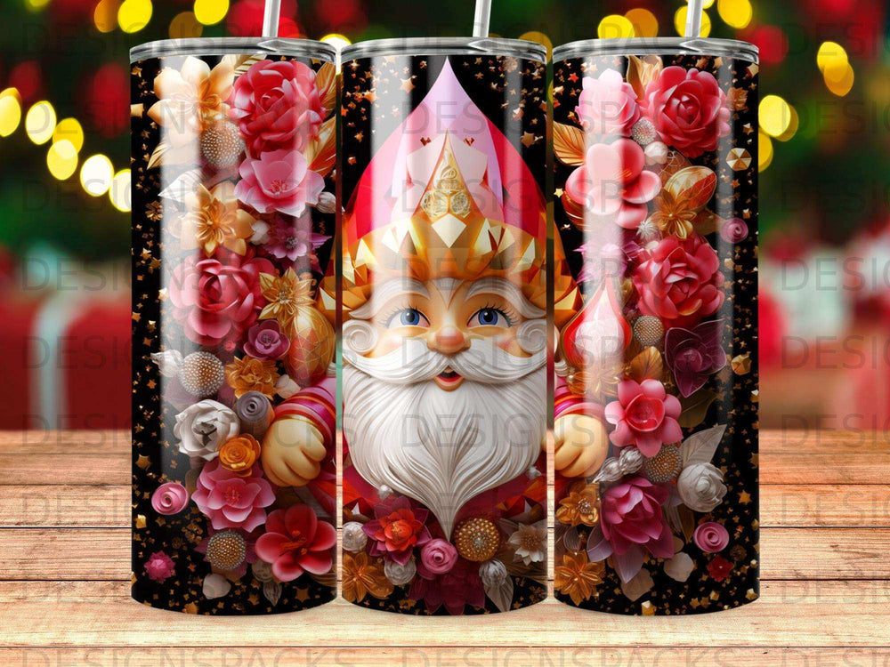 Santa Claus with pink and red flowers and gold accents on a tumbler.