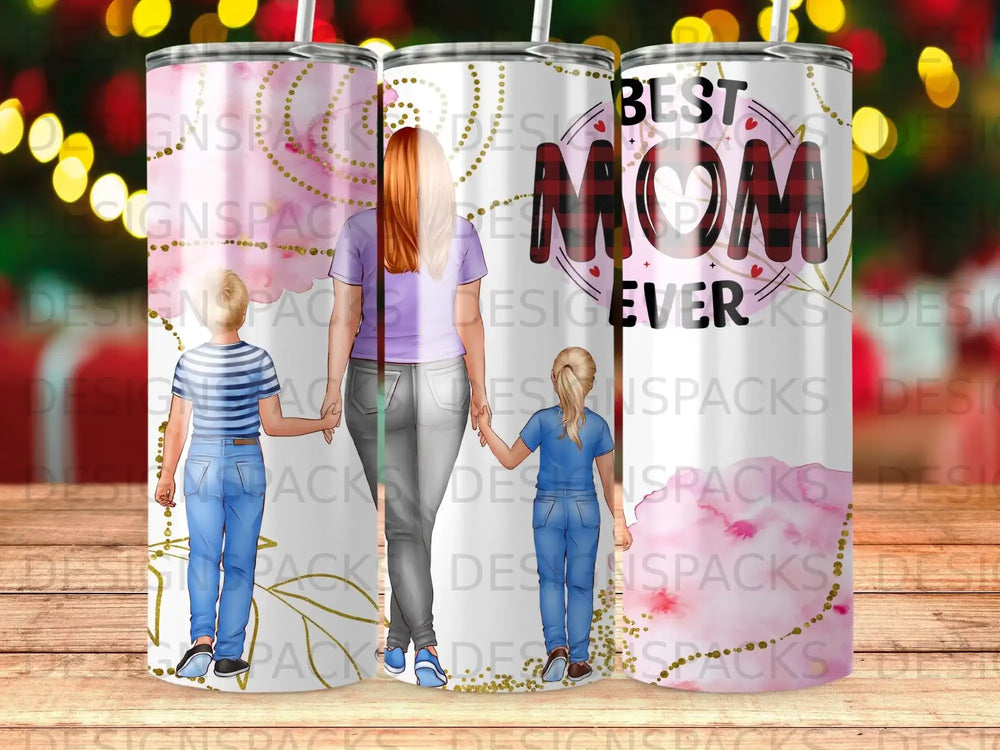Two children holding hands in front of a "BEST MOM EVER" tumbler.