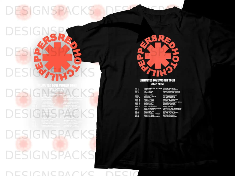 Red Hot Chili Peppers Unlimited Love World Tour 2022-2023 shirt with city and date list.