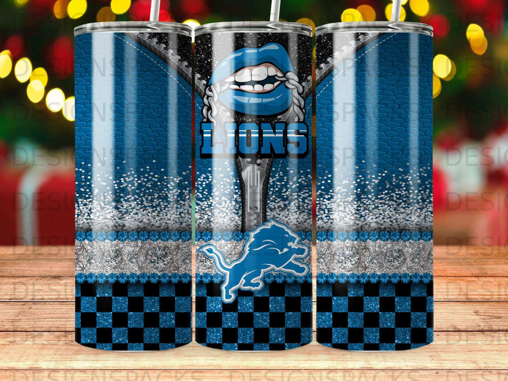 Blue and silver Lions logo on checkered background with sparkly zipper and lips.