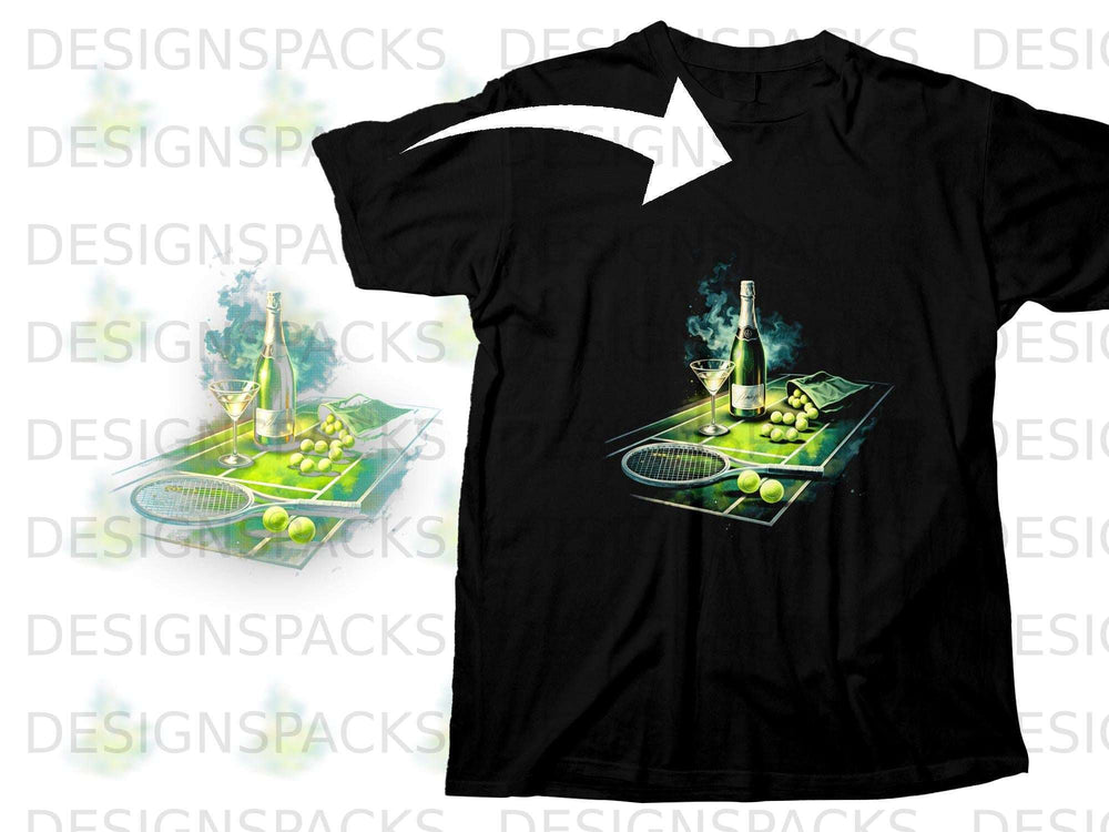 Black t-shirt with a graphic of champagne, glasses, tennis racket, and balls on a court.
