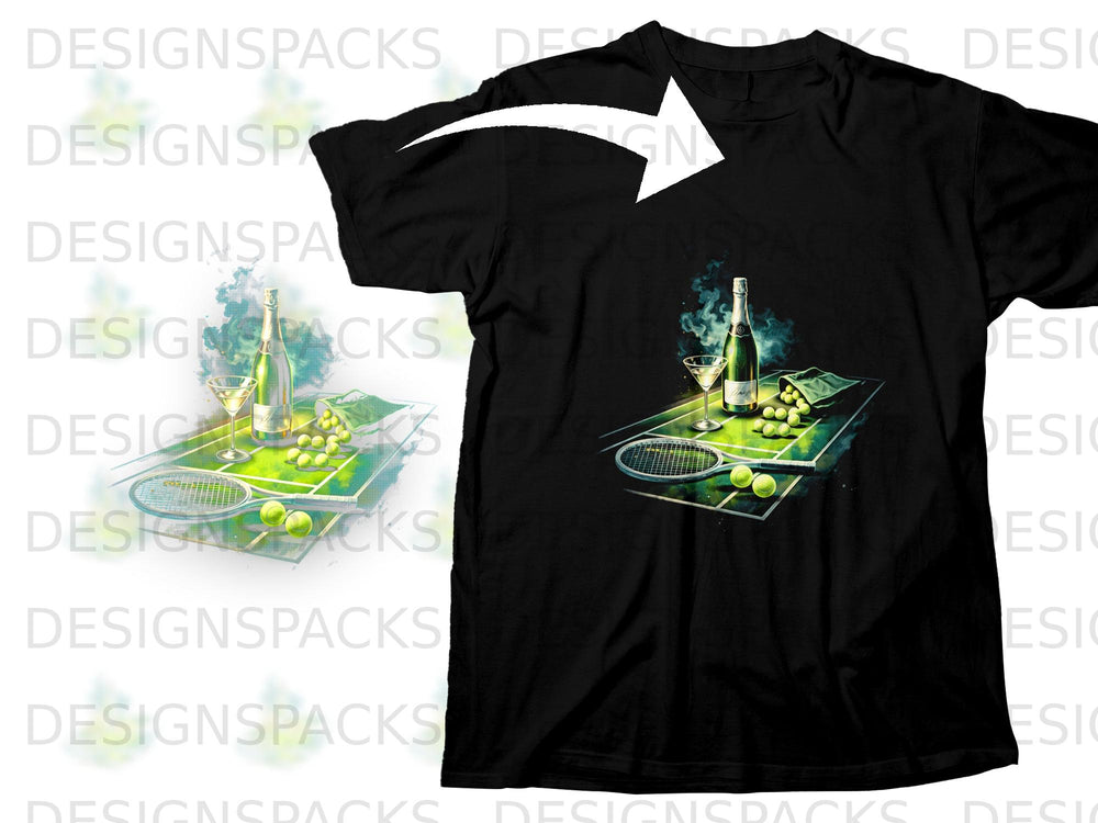 Black t-shirt with a graphic of champagne, glasses, tennis racket, and balls on a court.