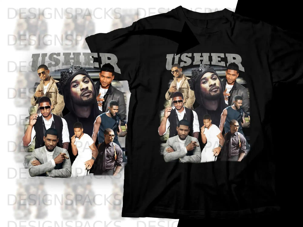 Usher collage t-shirt design with his name at the top.