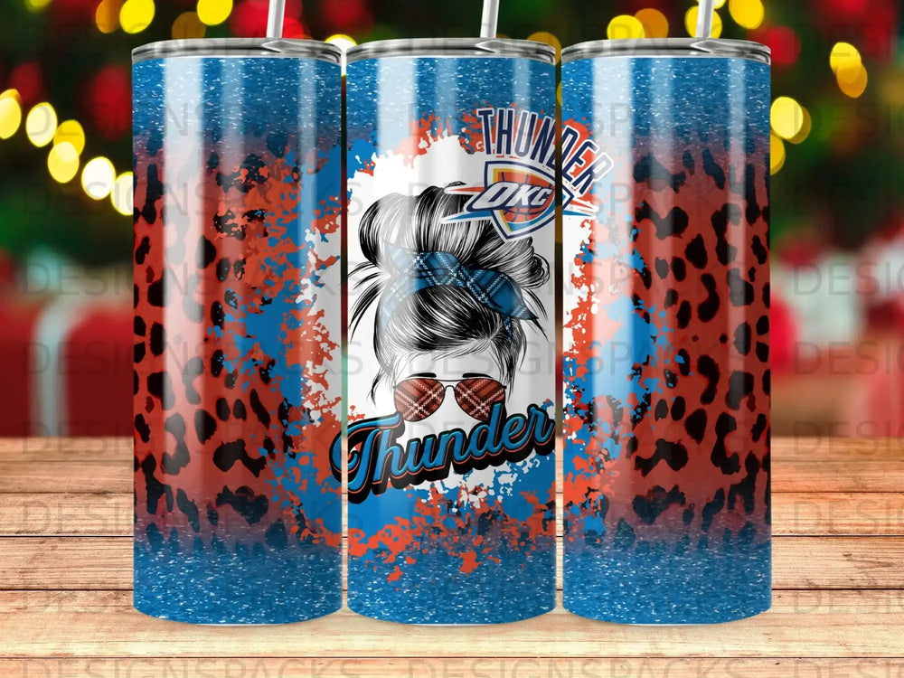Blue and red tumbler with leopard print, distressed "Thunder" text, and messy bun graphic.