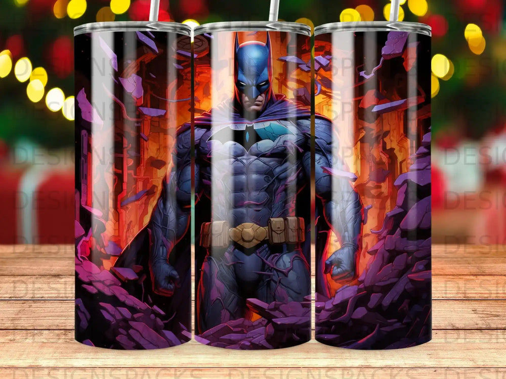 Batman in purple armor with a glowing chest emblem in a fiery, cracked landscape.