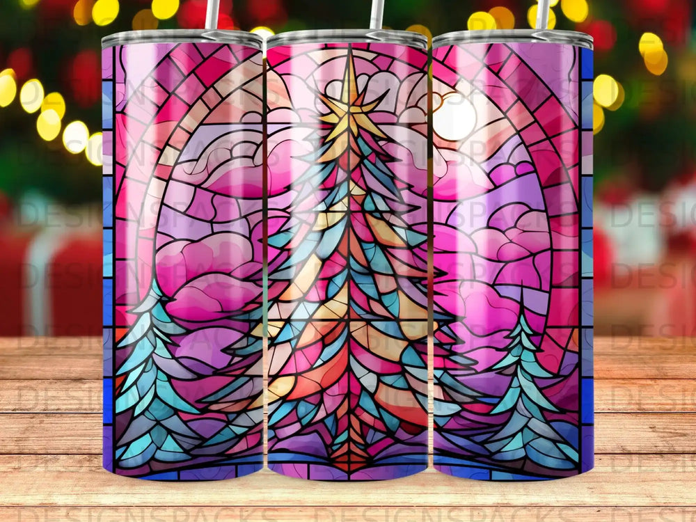 Stained glass Christmas tree design on a tumbler.
