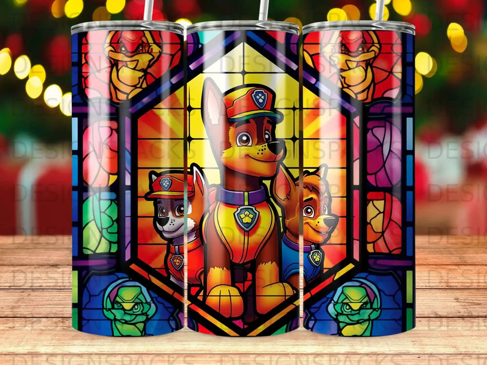Stained glass pattern featuring Paw Patrol characters Chase, Marshall, and Rubble.
