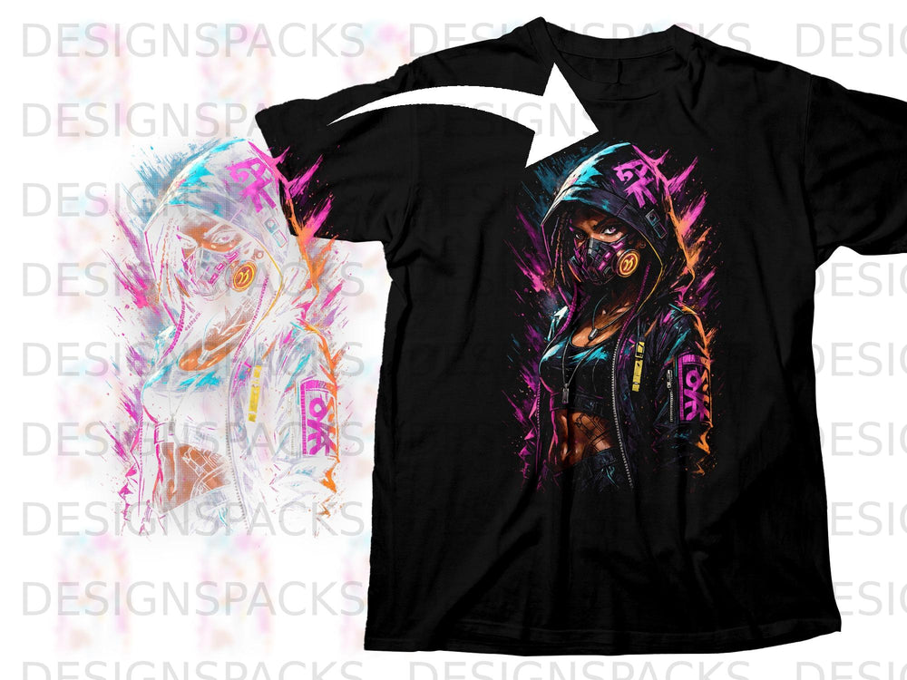 Black t-shirt with graphic of a woman wearing a hood and mask, vibrant paint splatters.