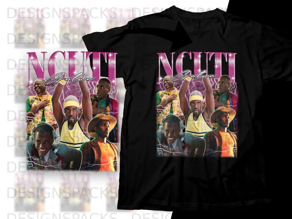 T-shirt featuring a collage of three men in colorful clothing and lightning effects.