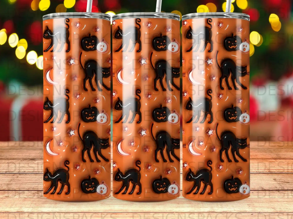 Black cat, pumpkin, and moon pattern on orange tumbler.