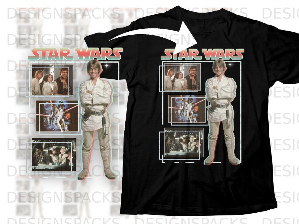 Star Wars t-shirt with Luke Skywalker and movie scene collages.