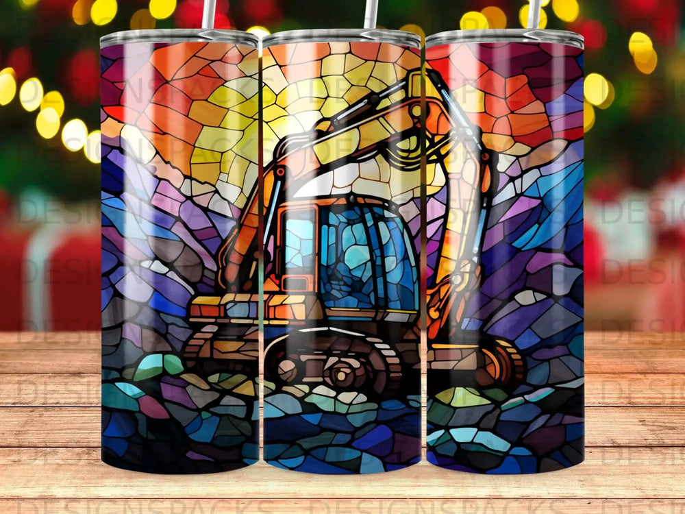 Excavator design on a tumbler with a stained glass effect.