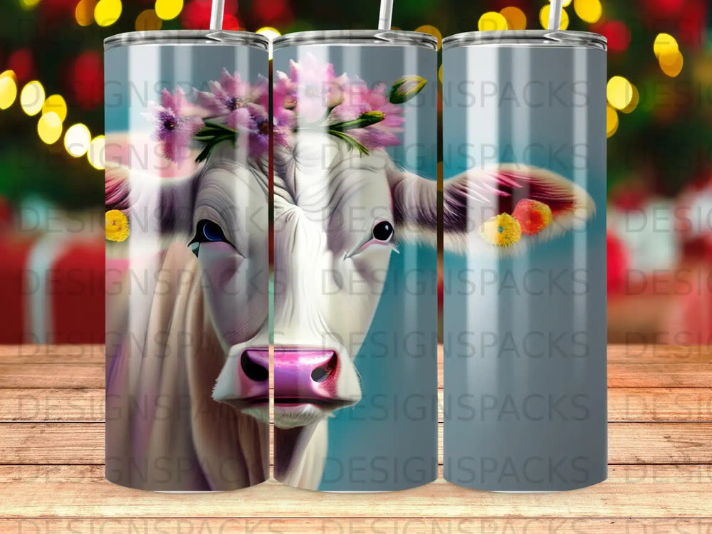 Cow with floral headdress on a patterned tumbler.