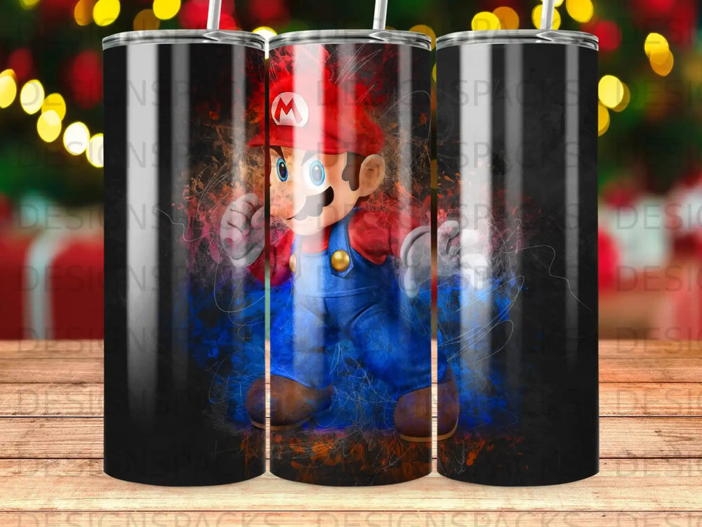 Mario character on a tumbler with abstract colorful background.