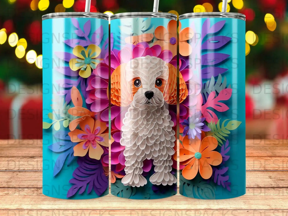 White dog with floral pattern on blue tumbler.