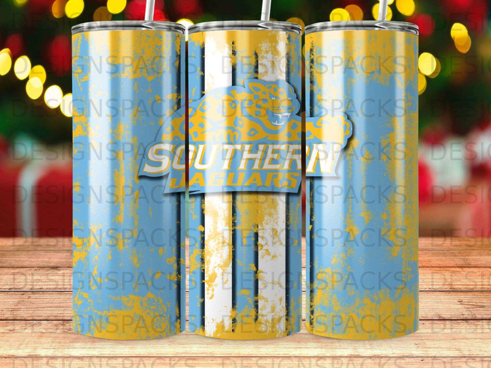 Blue and yellow tumbler with "Southern Jaguars" text and paw print.