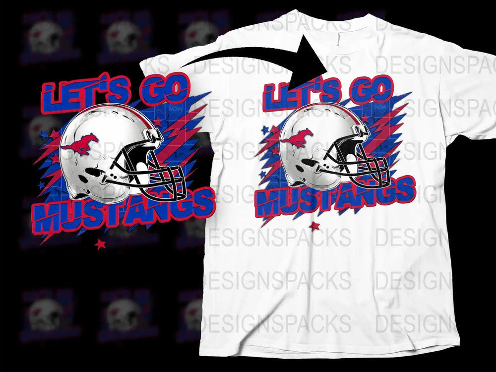 Let's Go Mustangs Graphic T-Shirt, Football Helmet Design, Sports Fan Tee, High School Spirit Wear, Red and Blue