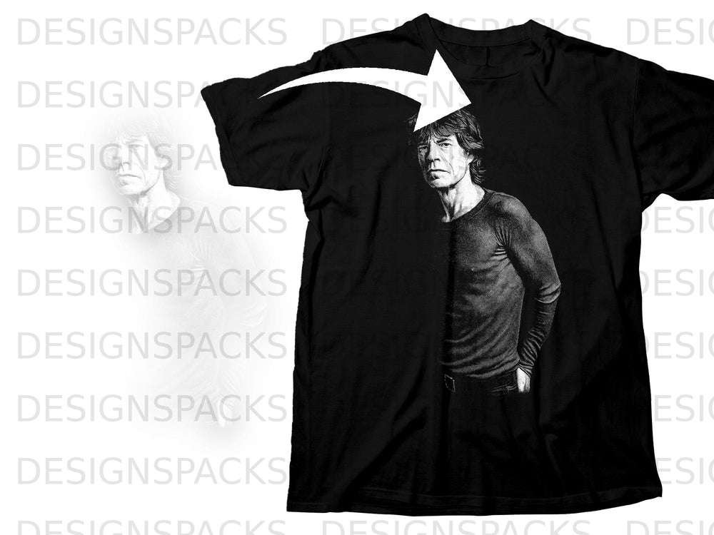 Black t-shirt with a black and white sketch of Mick Jagger.