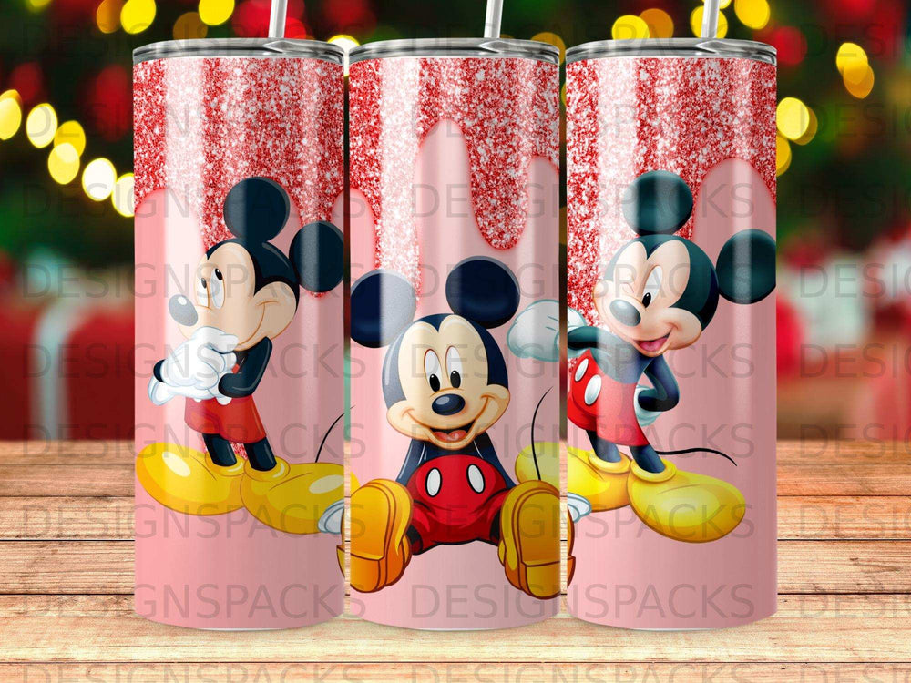 Mickey Mouse sitting with arms outstretched against a pink glittery background.