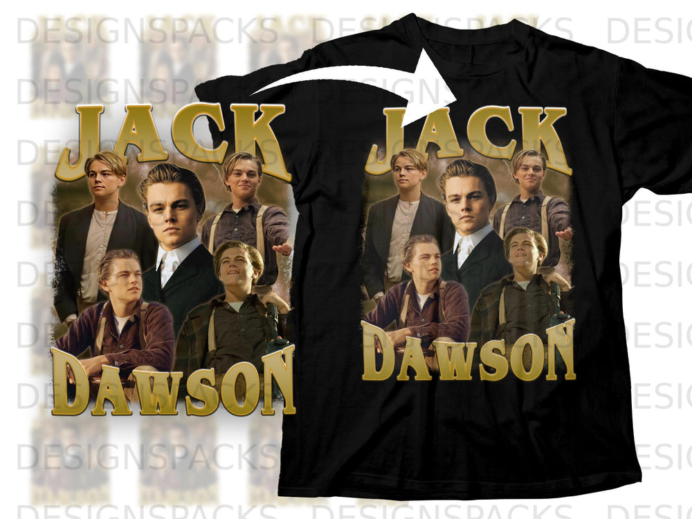 Black t-shirt with "JACK DAWSON" text and multiple images of Leonardo DiCaprio.