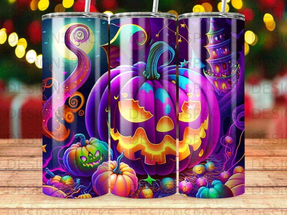 Halloween tumbler wrap with jack-o'-lanterns, pumpkins, and spooky castle.