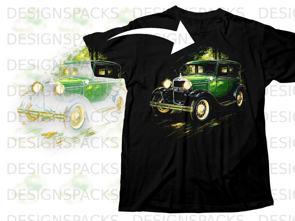 Black t-shirt featuring a vintage green automobile with license plate 667-771.