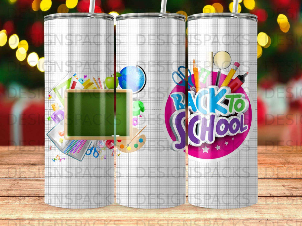 Tumbler with "Back to School" text, pencils, paint, and globe graphic.