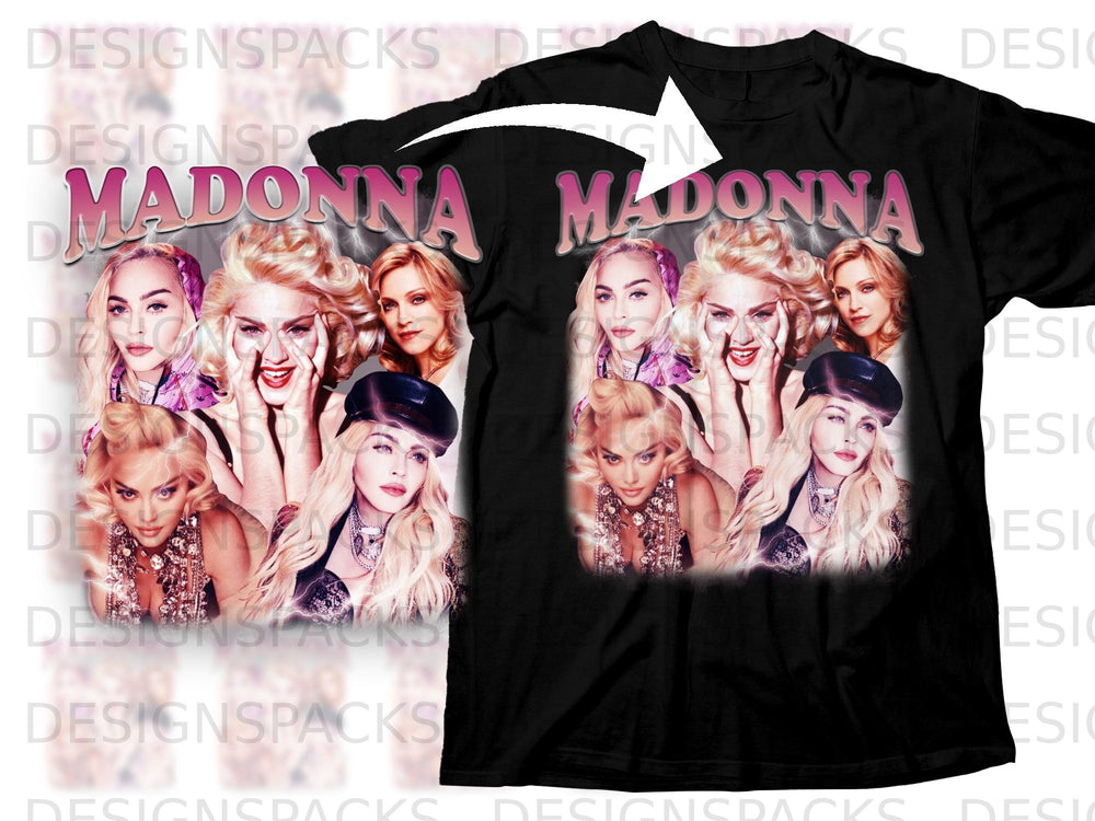 Black t-shirt with collage of Madonna images and "MADONNA" text.