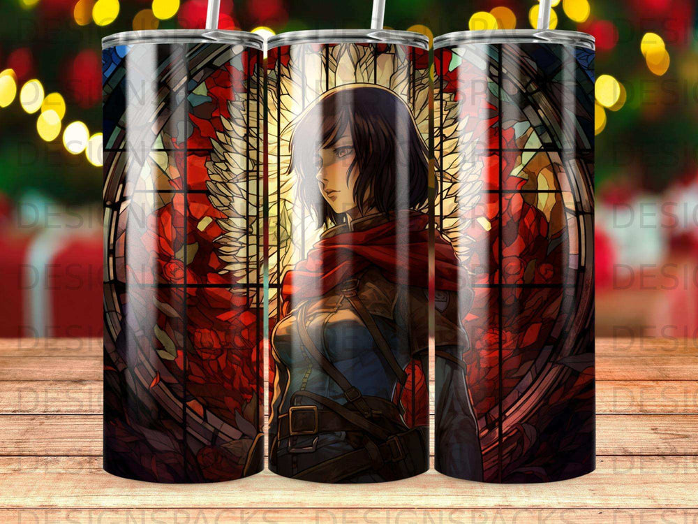 Anime character Mikasa Ackerman against a stained glass window.