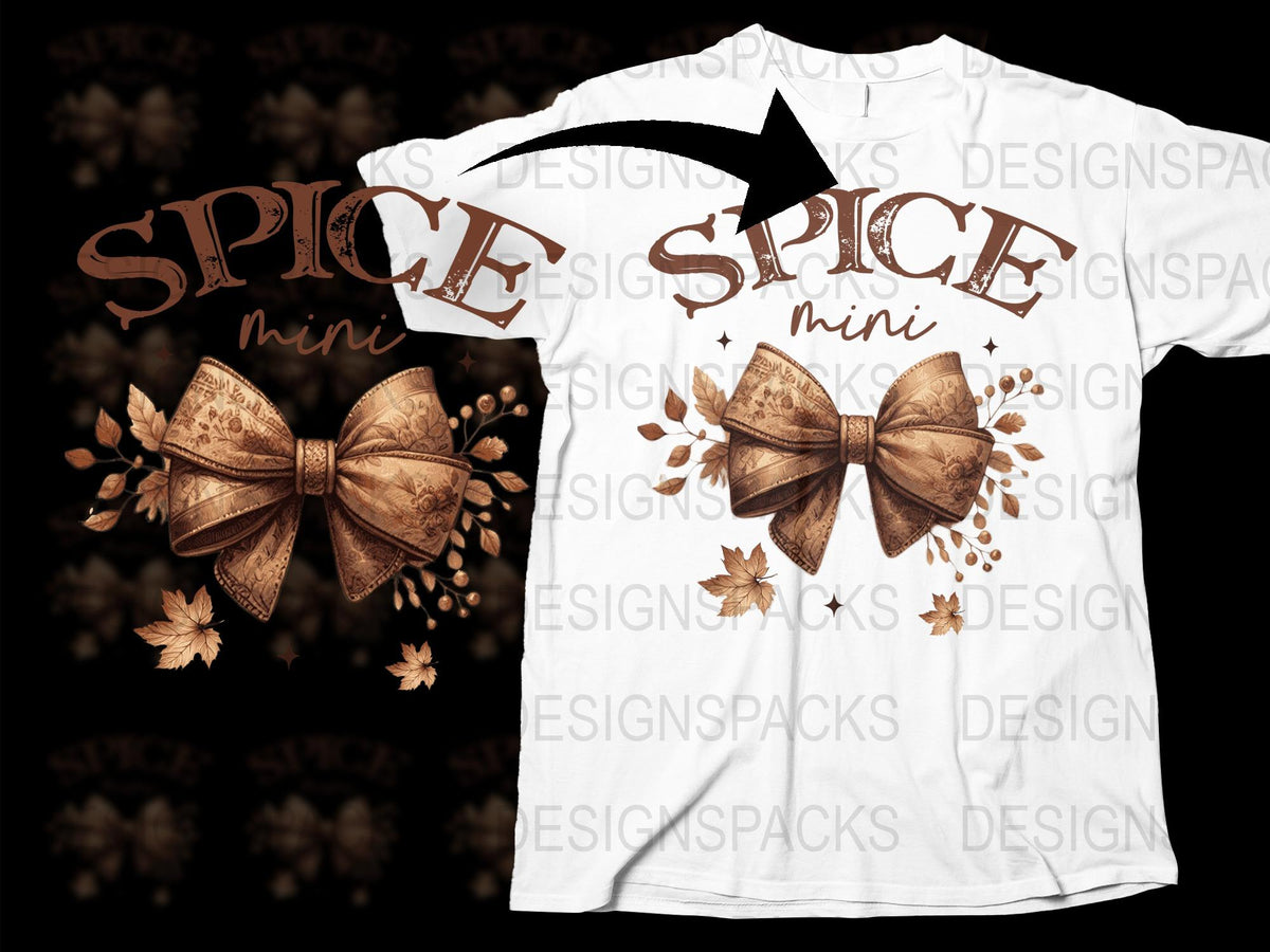 Autumn Spice Mini T-Shirt Design, White Tee with Fall Leaves and Bow Graphic, Casual Fashion