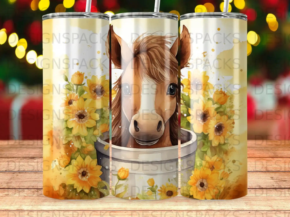 Horse's head in a bucket surrounded by sunflowers, on a patterned background.